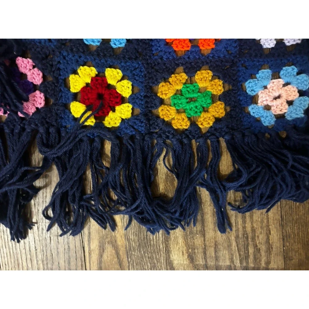 VTG Granny Square Afghan Crochet Throw Blanket Connor's Multi-Color Fringe